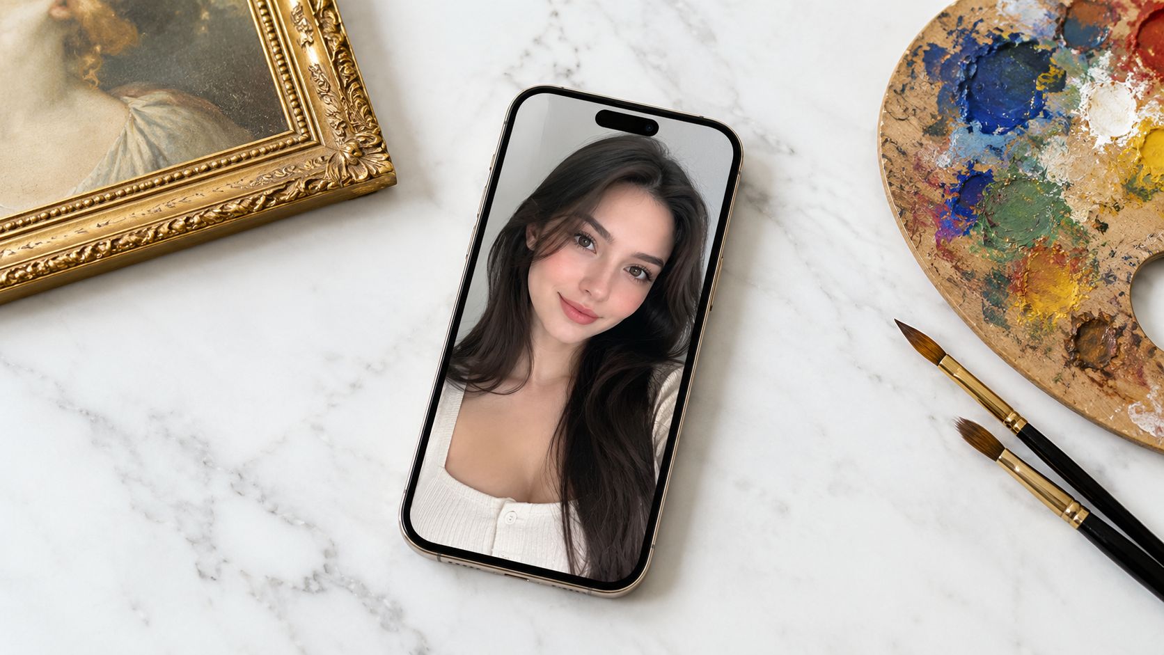 A smartphone screen displaying a portrait of a woman next to a vintage picture frame and palette.