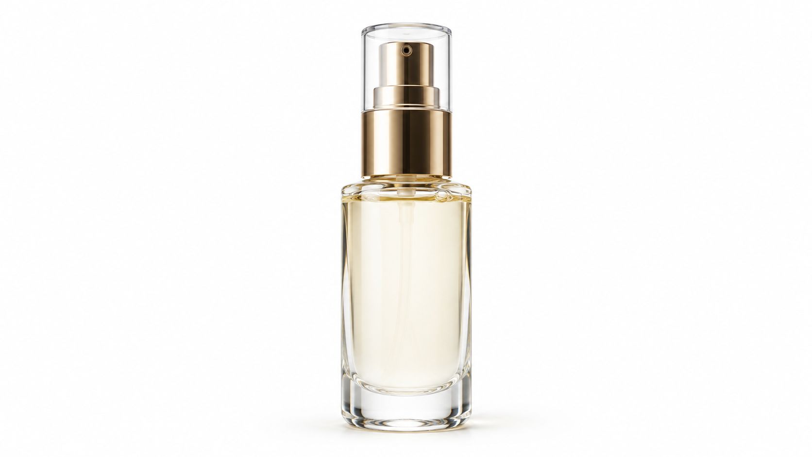 A luxurious glass perfume bottle with a golden pump dispenser on a clean white background