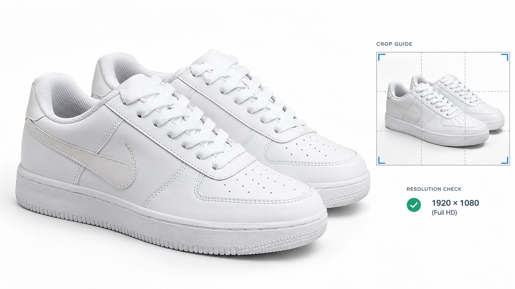 A pair of classic all-white Nike sneakers presented against a clean, professional studio background for product presentation.