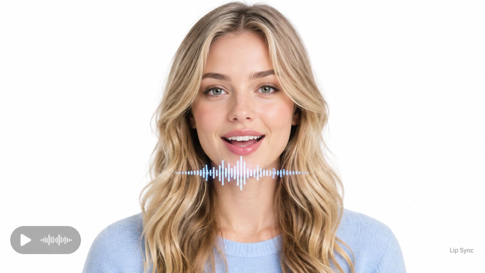 A woman with blonde hair wearing a blue sweater is demonstrating an AI lip sync technology tool.