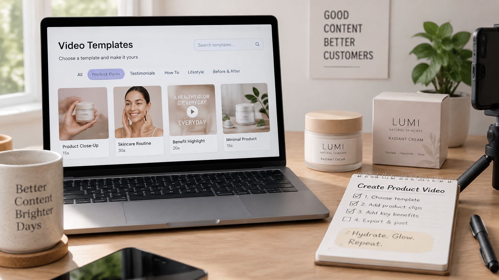 A modern workspace featuring a laptop displaying video templates next to skincare products and a checklist.