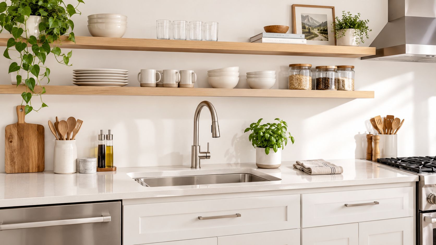 A bright, modern farmhouse style kitchen featuring white cabinetry, wooden shelves, a stainless steel sink, and indoor plants.