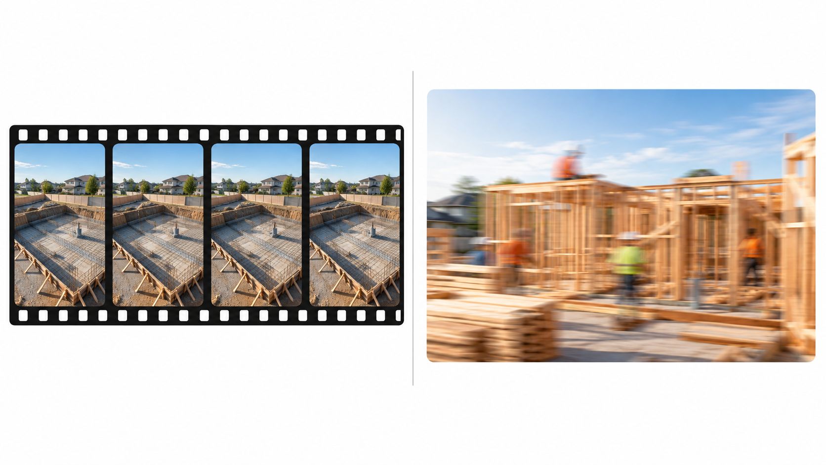A film strip showcasing construction progress side-by-side with a blurred motion shot of a building site.