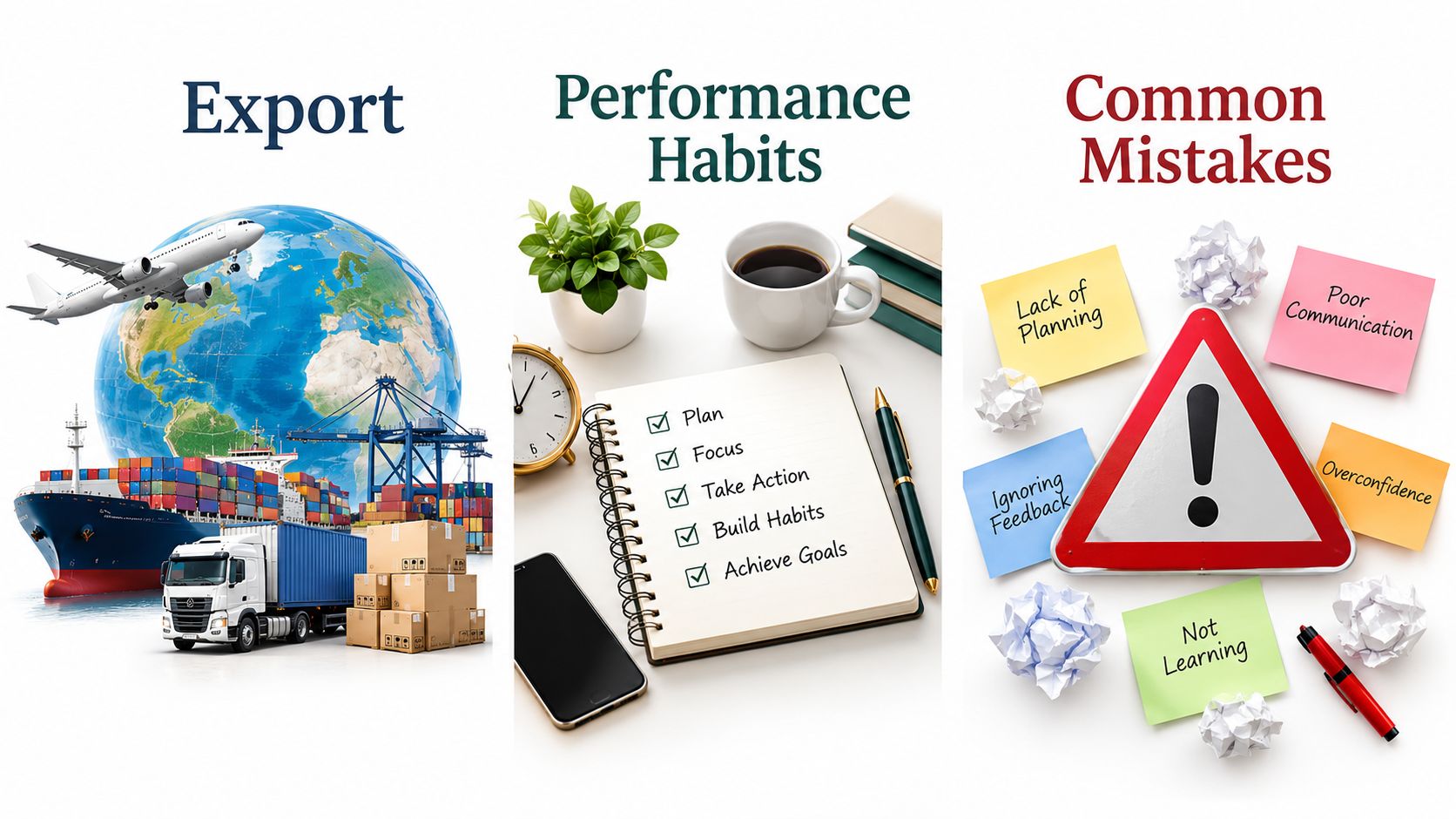 A visual guide illustrating export shipping, essential performance habits for success, and common business mistakes to avoid.