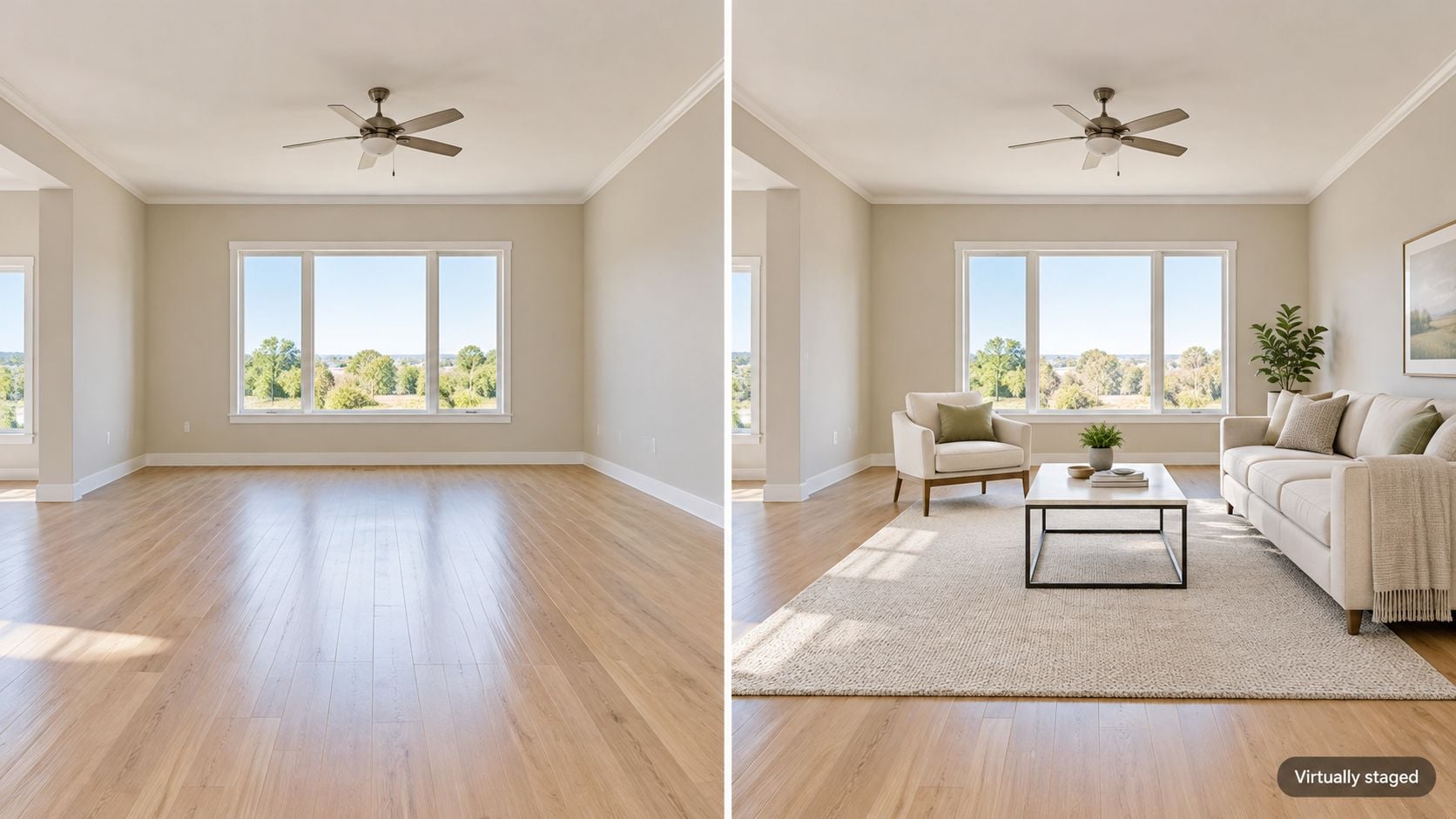 A split image showing a vacant living room and the same room virtually staged with furniture.