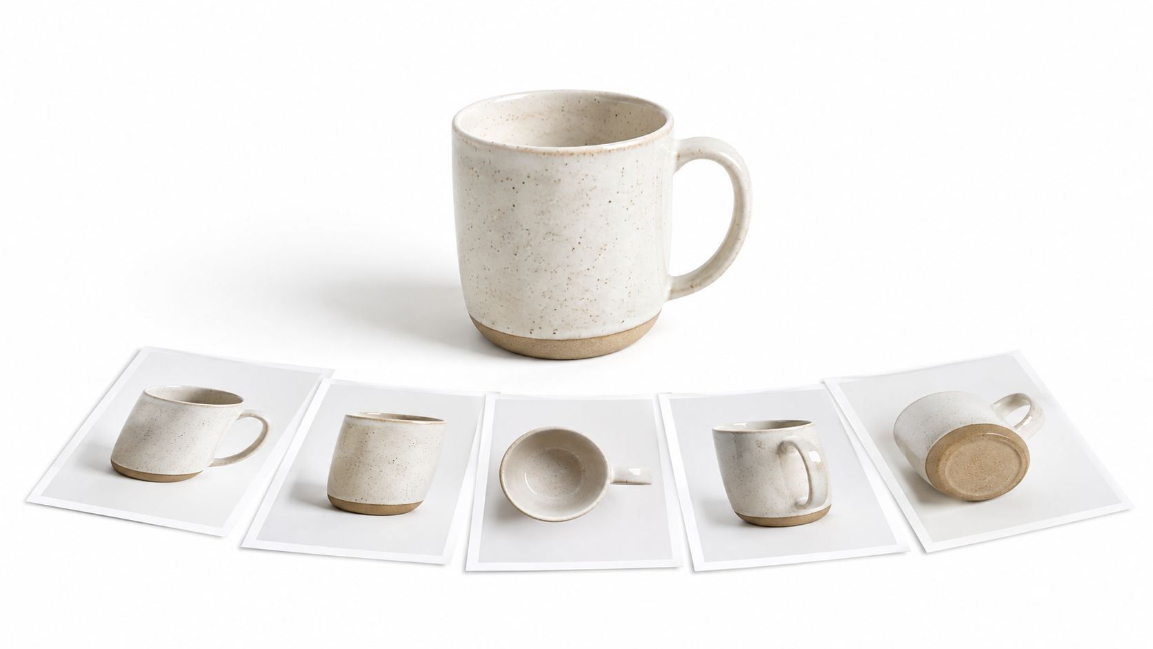 A large ceramic speckled mug displayed alongside five printed photographs showing different angles of the same mug.