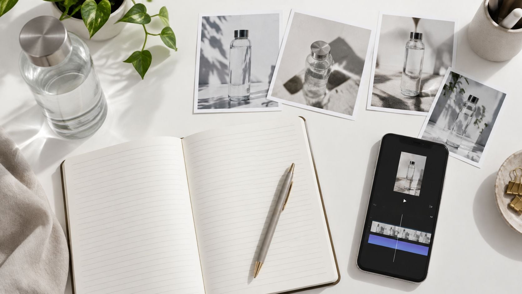 A professional flatlay workspace featuring a notebook, pen, smartphone, and photography prints of a glass water bottle.