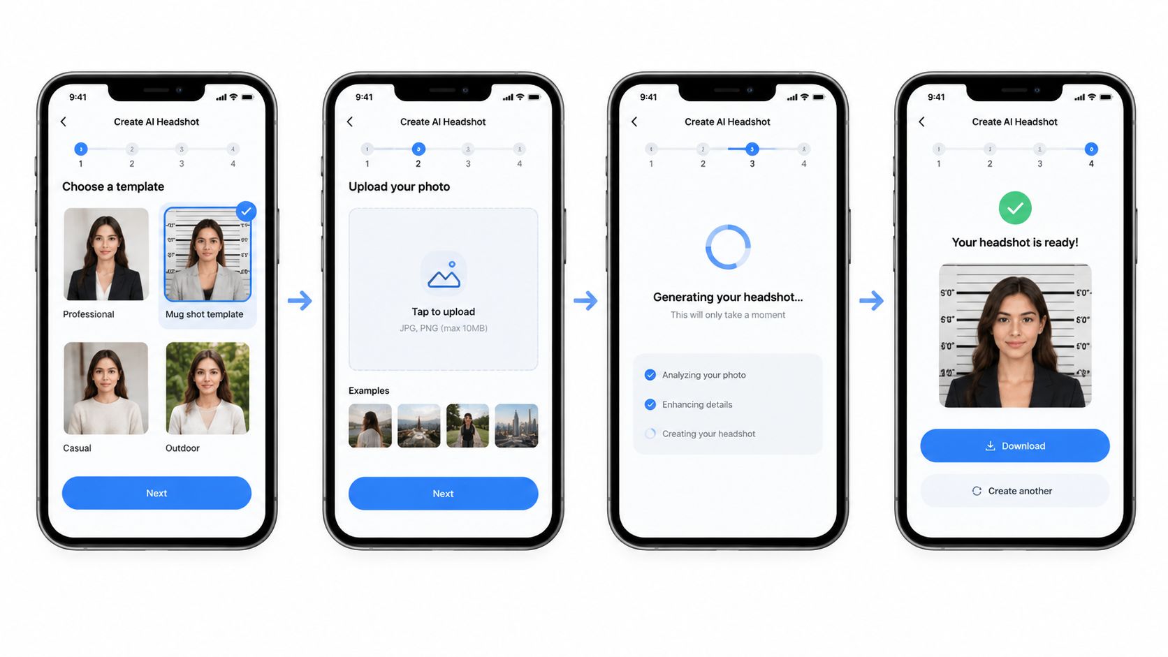 A four-step mobile application interface demonstrating the process of creating a professional AI-generated headshot from a photo.