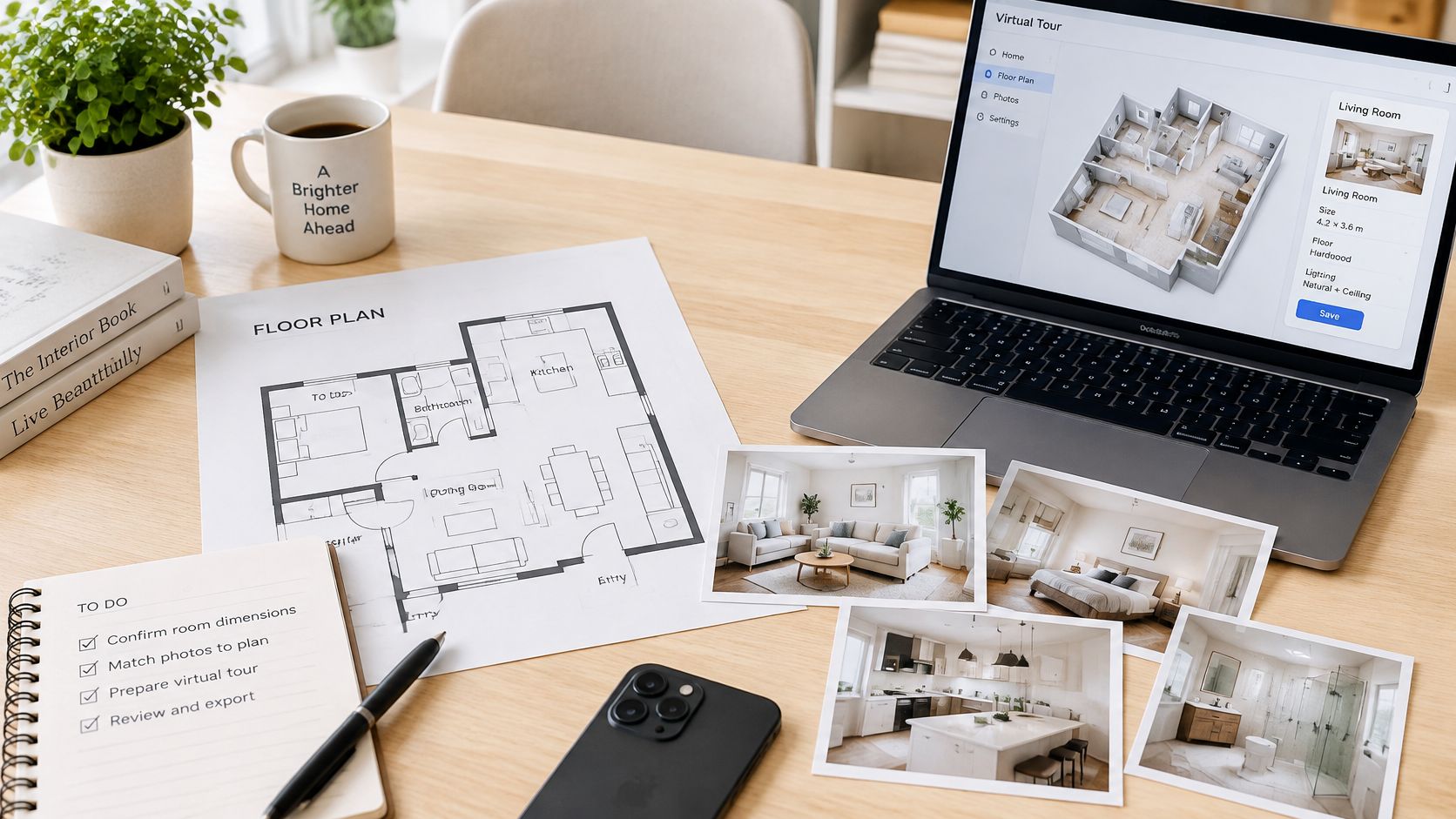 A workspace featuring a laptop showing a virtual house tour, a floor plan, and photos of interiors.