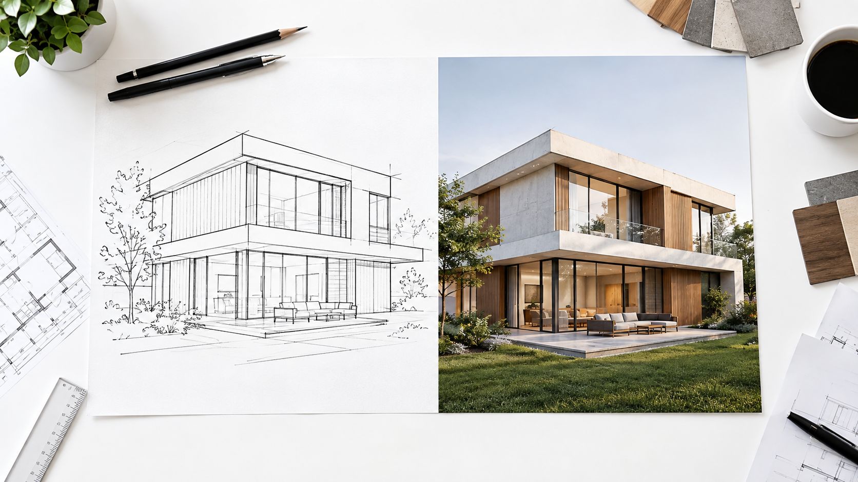 An architectural concept showcasing a side-by-side comparison of a pencil sketch and a photorealistic 3D house render.