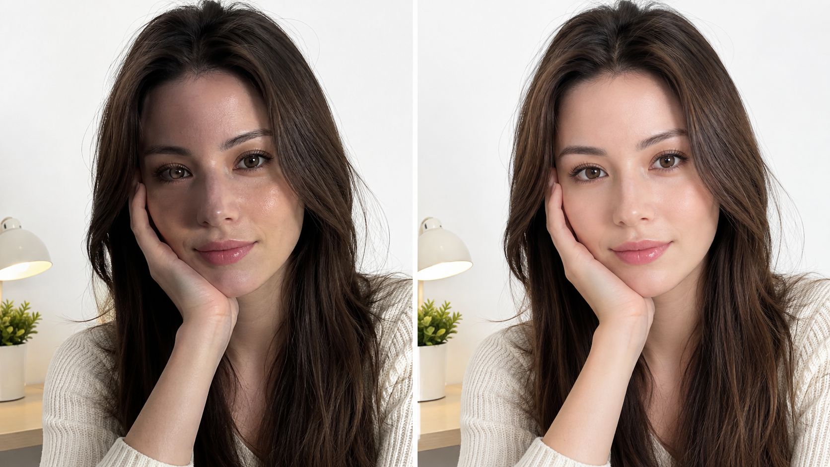 A split screen comparing a raw, textured portrait with a professionally retouched, smooth skin photograph.
