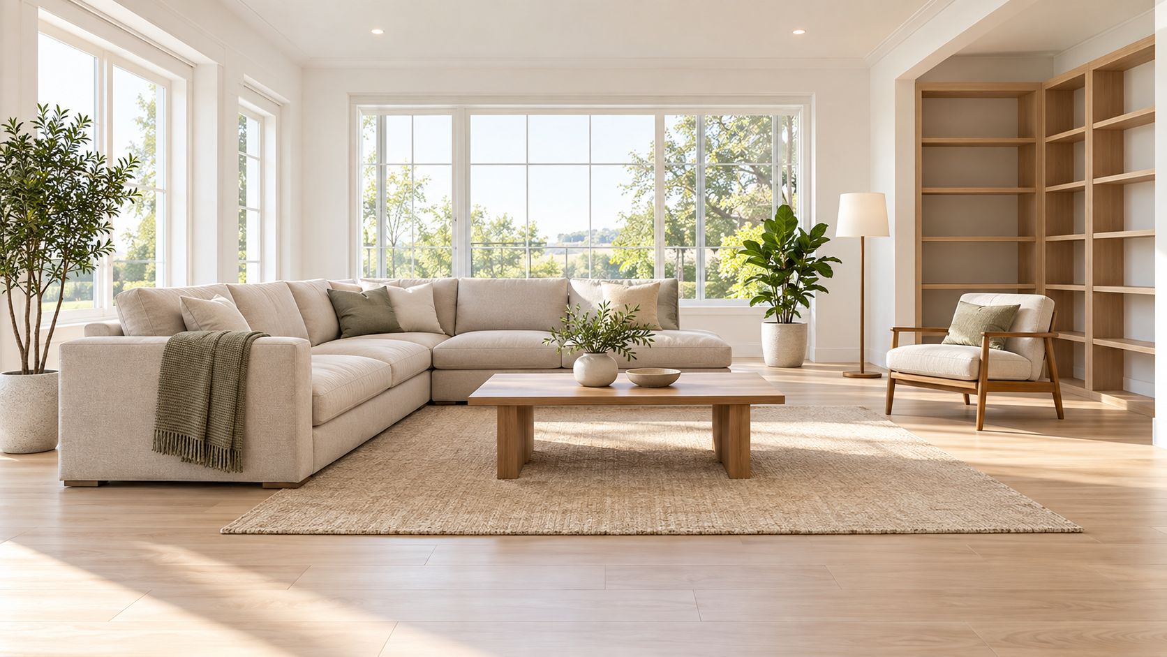 A modern and bright living room featuring a comfortable sectional sofa, wooden coffee table, and large windows.