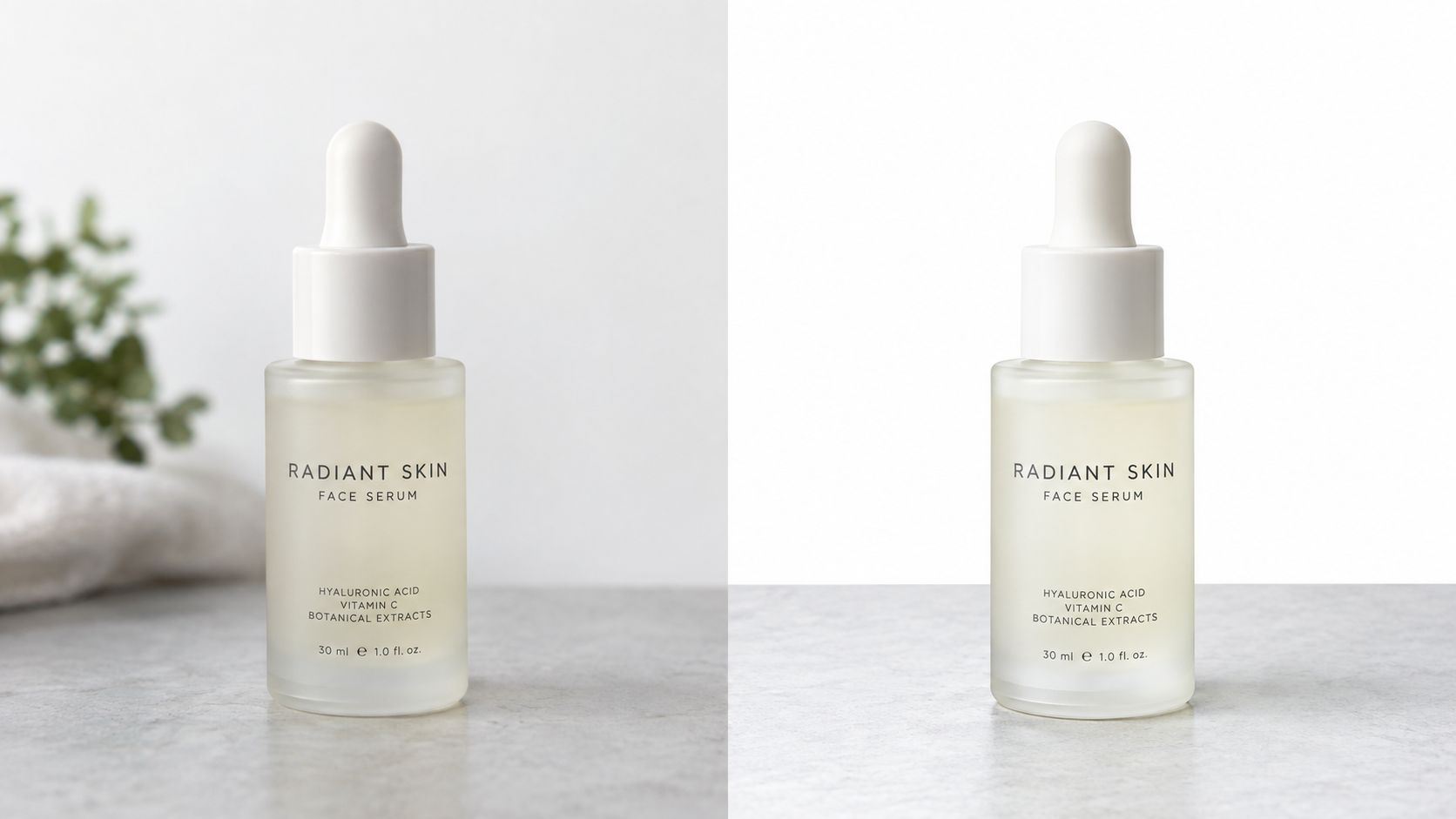 Two bottles of Radiant Skin face serum with hyaluronic acid, vitamin C, and botanical extracts on table.