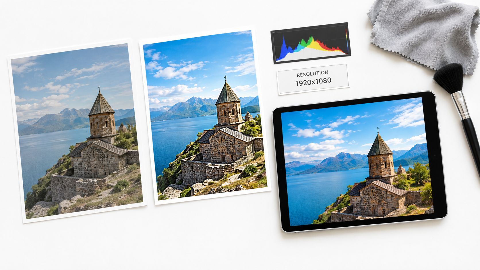 Two printed photographs and a tablet displaying the same church landscape with mountain and lake scenery.