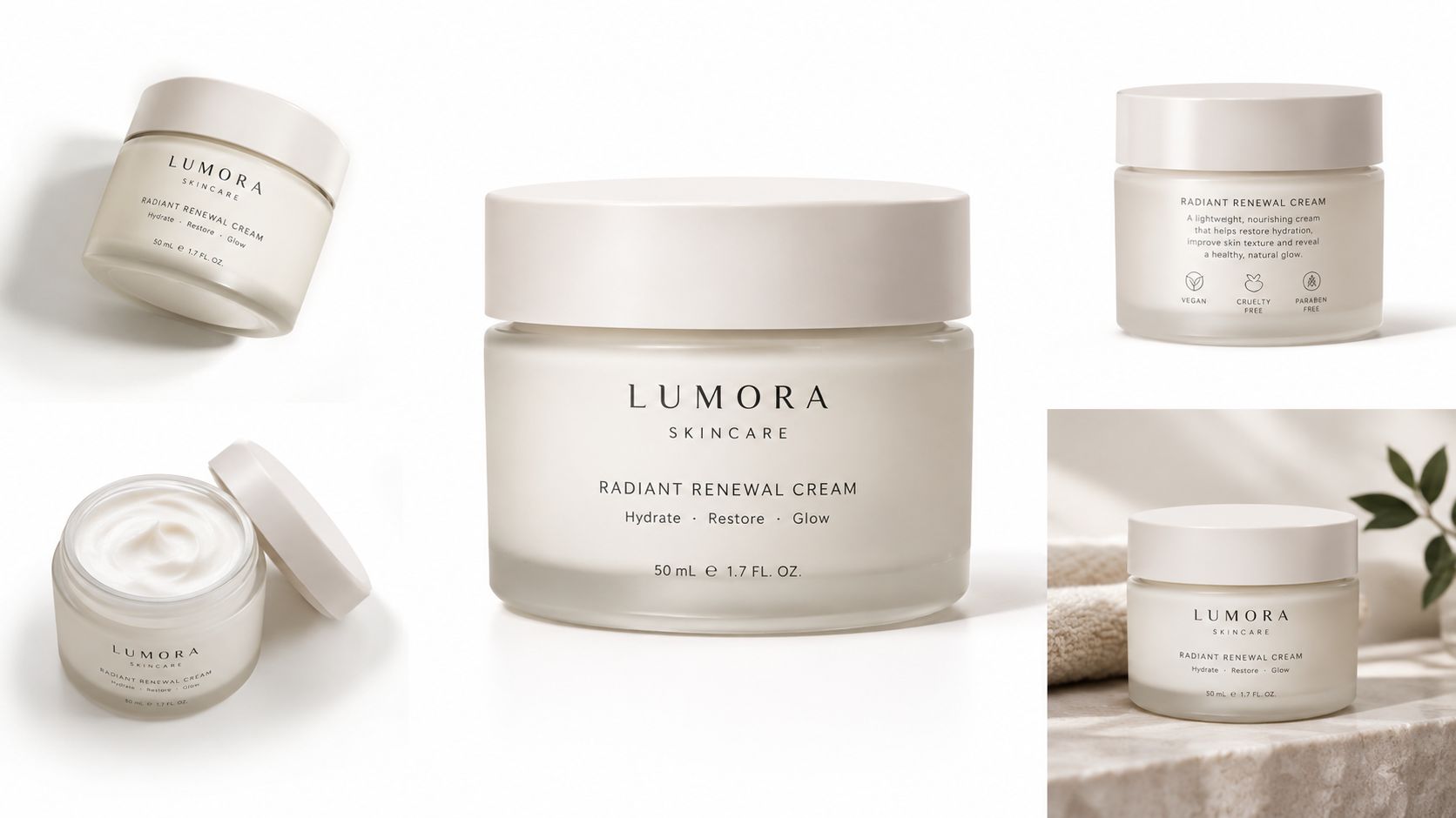 Multiple views of Lumora Skincare Radiant Renewal Cream jars, showcasing elegant branding on a clean white background.