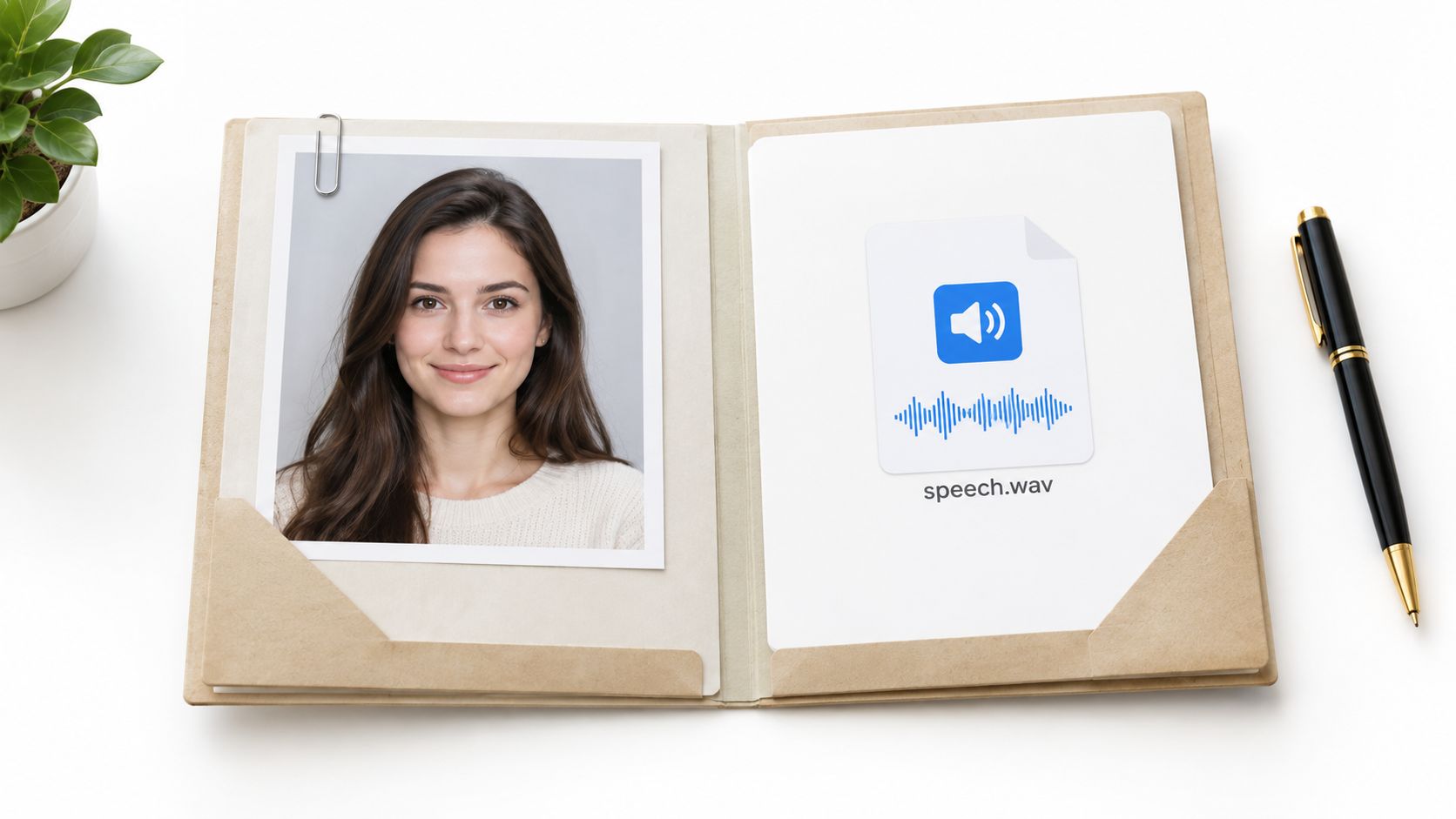 A professional folder open on a desk containing a woman's portrait photo and an audio file icon.