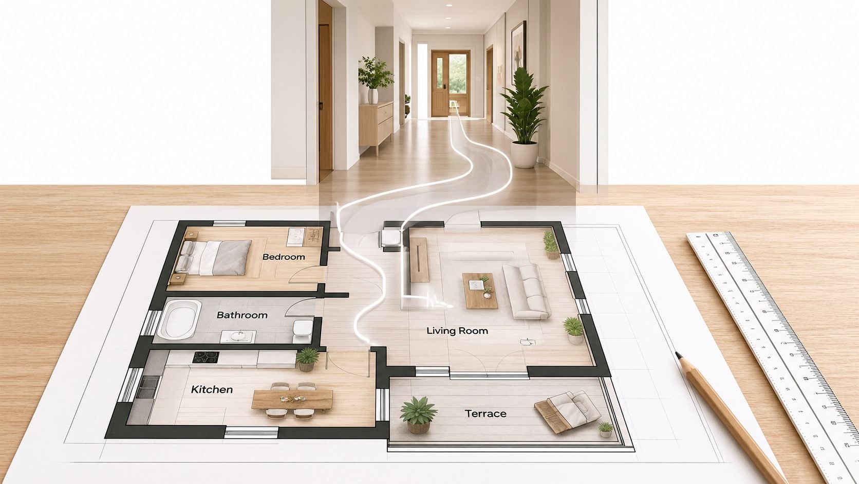 A 3D floor plan layout transitioning into a realistic home hallway view on a wooden table.