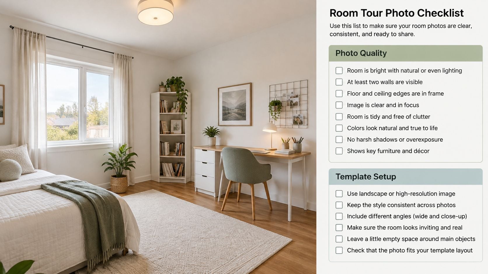 A checklist titled Room Tour Photo Checklist next to a bright, organized bedroom with a desk area.