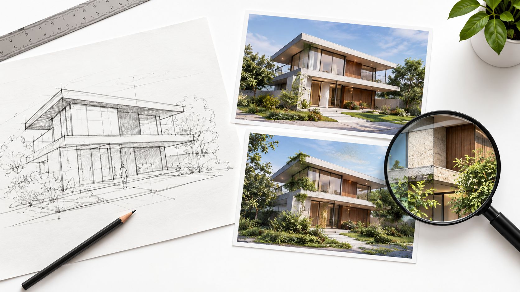 A pencil sketch of a modern house design displayed alongside realistic architectural 3D rendered photographs.
