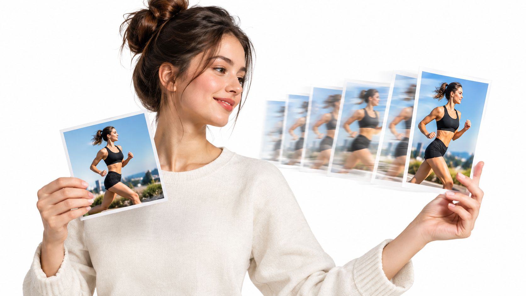 A smiling woman holding photos showcasing a fitness product video for Amazon on a white background