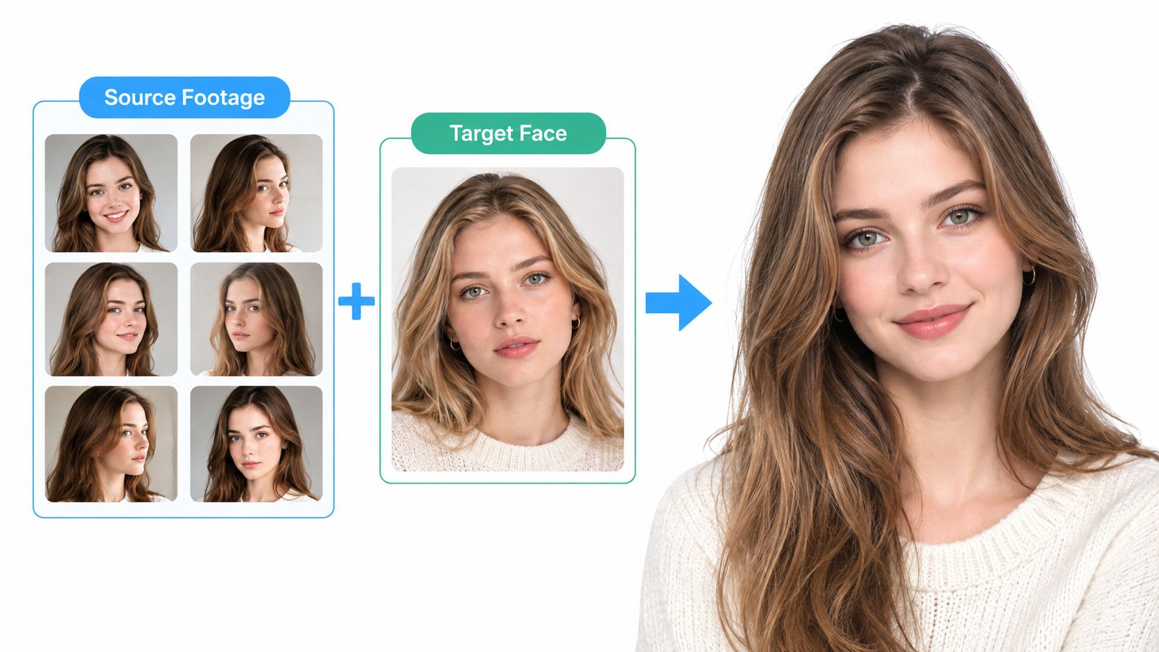 A diagram demonstrating how source footage is combined with a target face to change a face in video.