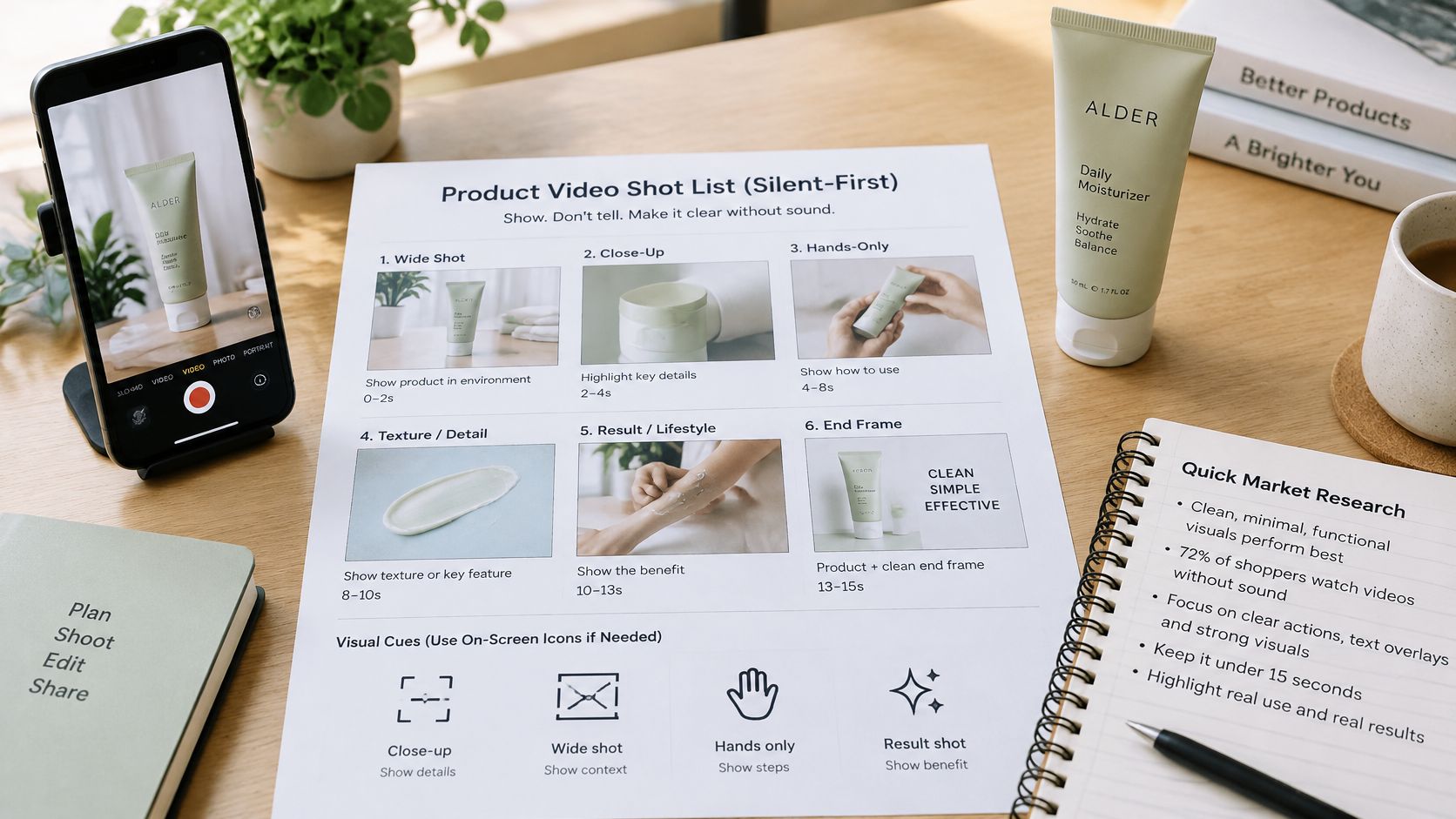 A professional video production setup for a skincare product including a shot list, camera, and planner.