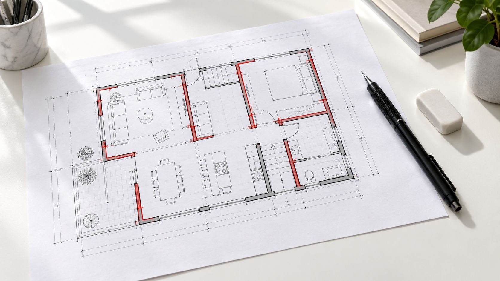 A detailed architectural floor plan drawing resting on a white desk with a pen and eraser.