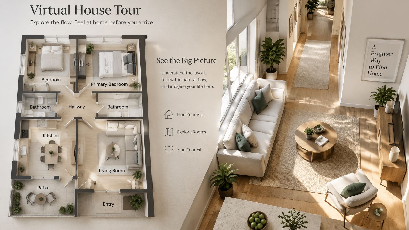 A split view showing a 2D floor plan on the left and a 3D isometric interior rendering.