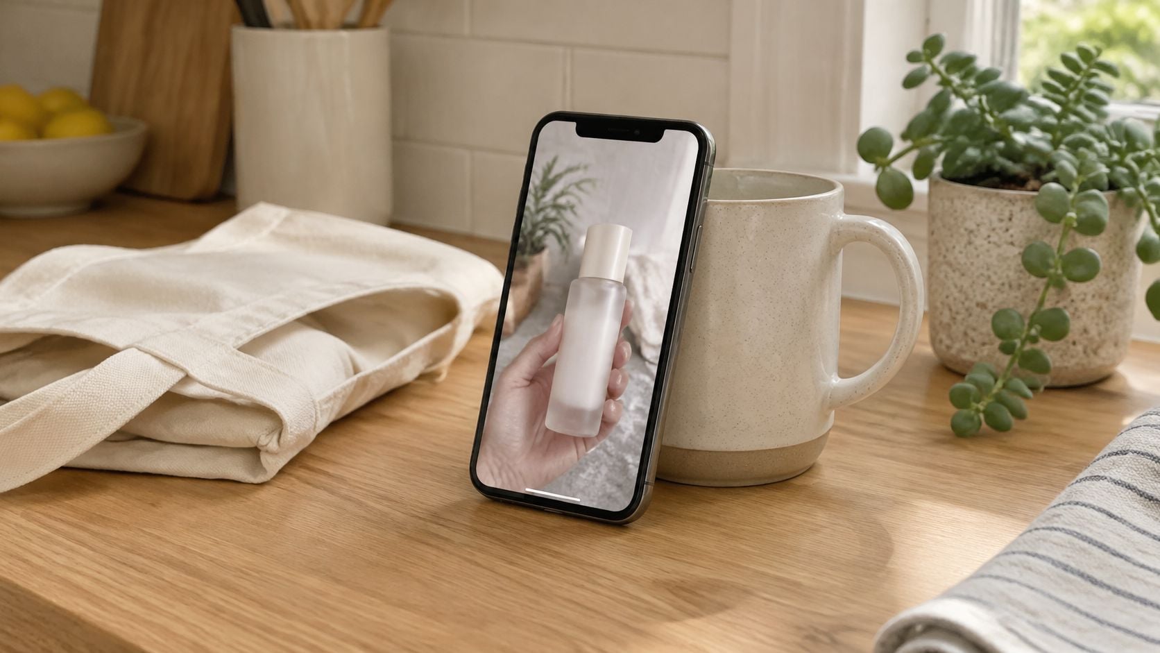 A smartphone leaning against a ceramic mug on a wooden kitchen counter, displaying user-generated skincare product content.