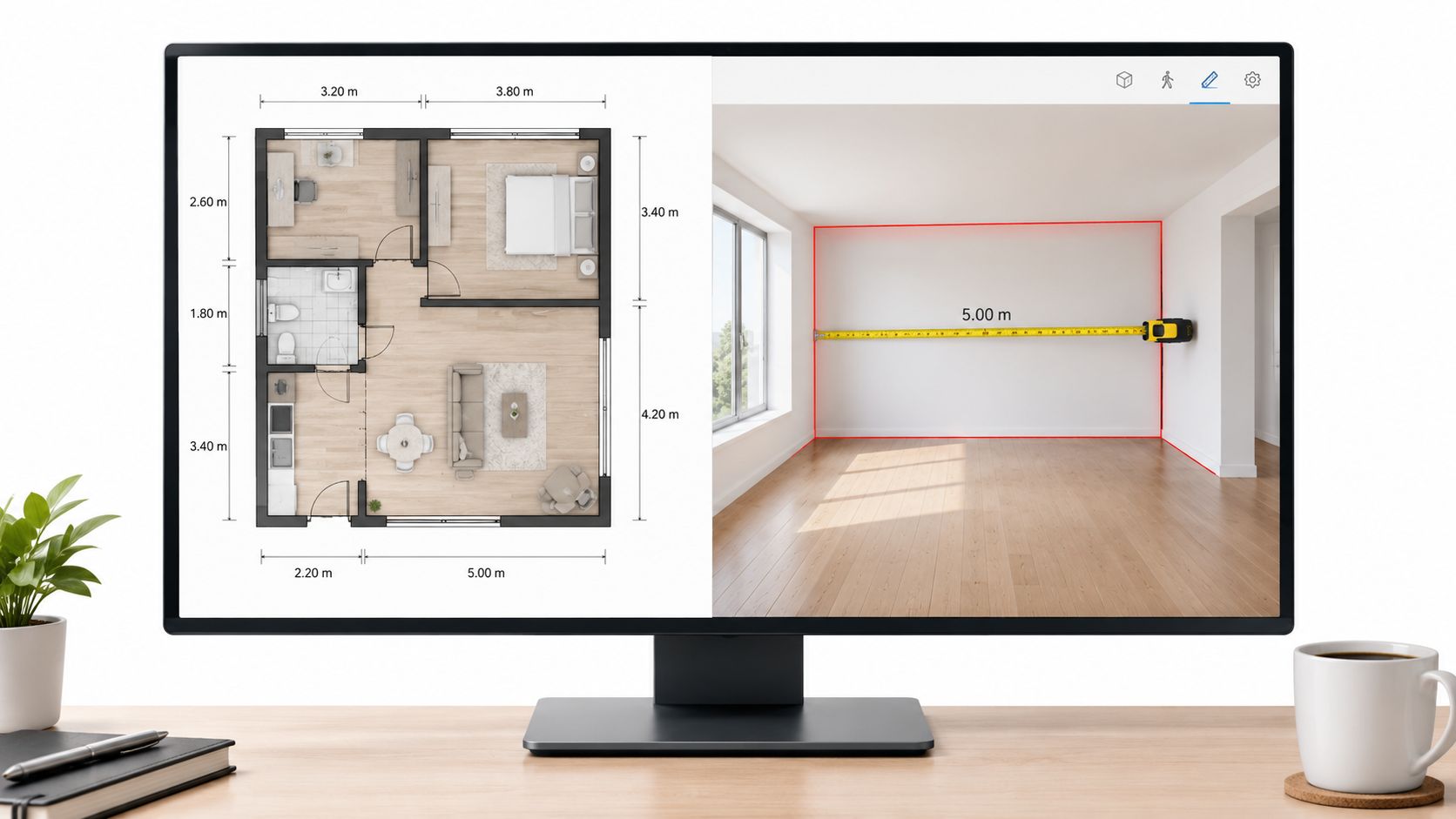 A computer monitor showing a split screen with a 2D floor plan and a 3D room visualization.