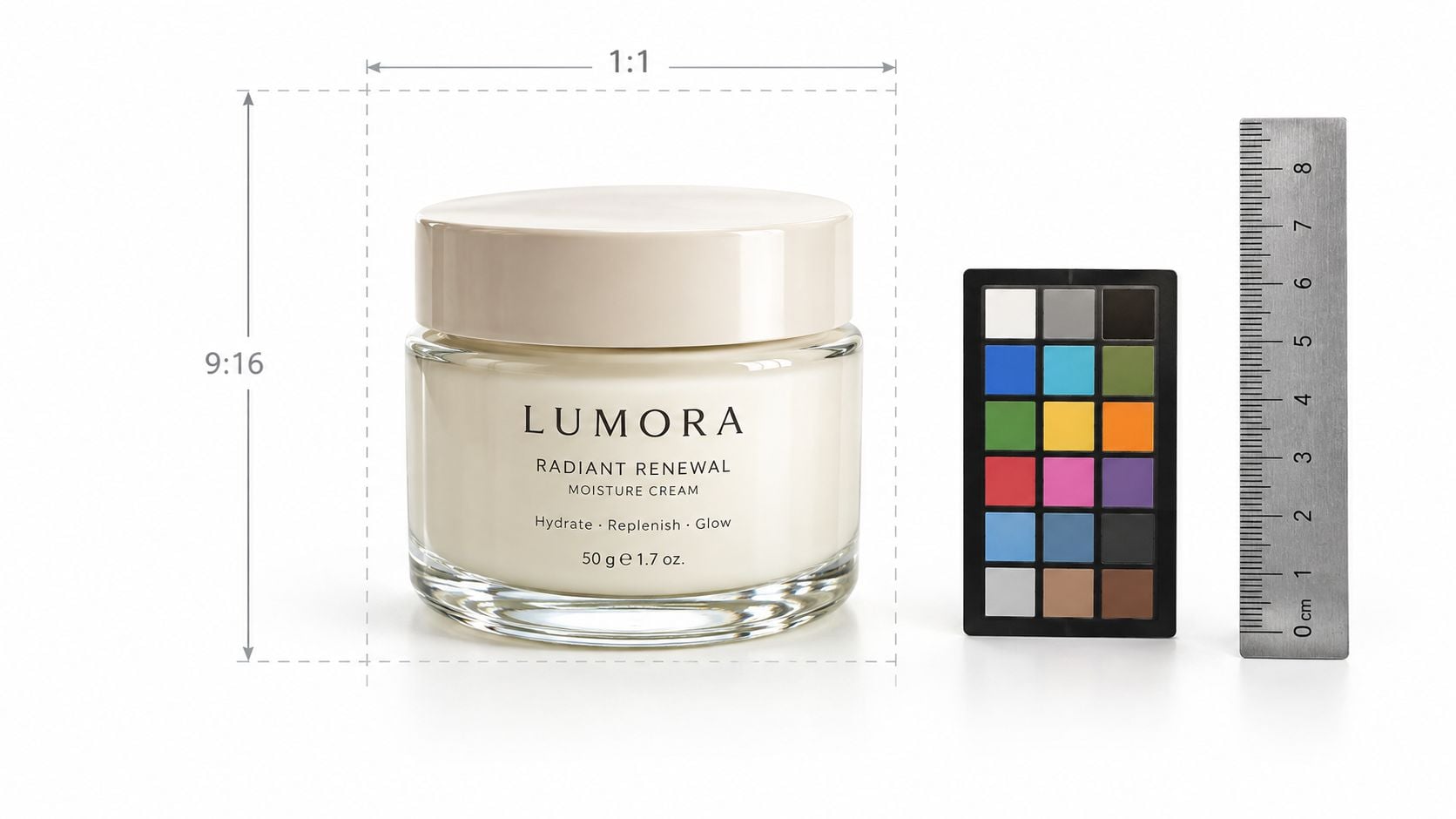 A glass jar of Lumora Radiant Renewal moisturizer next to a color checker card and ruler.