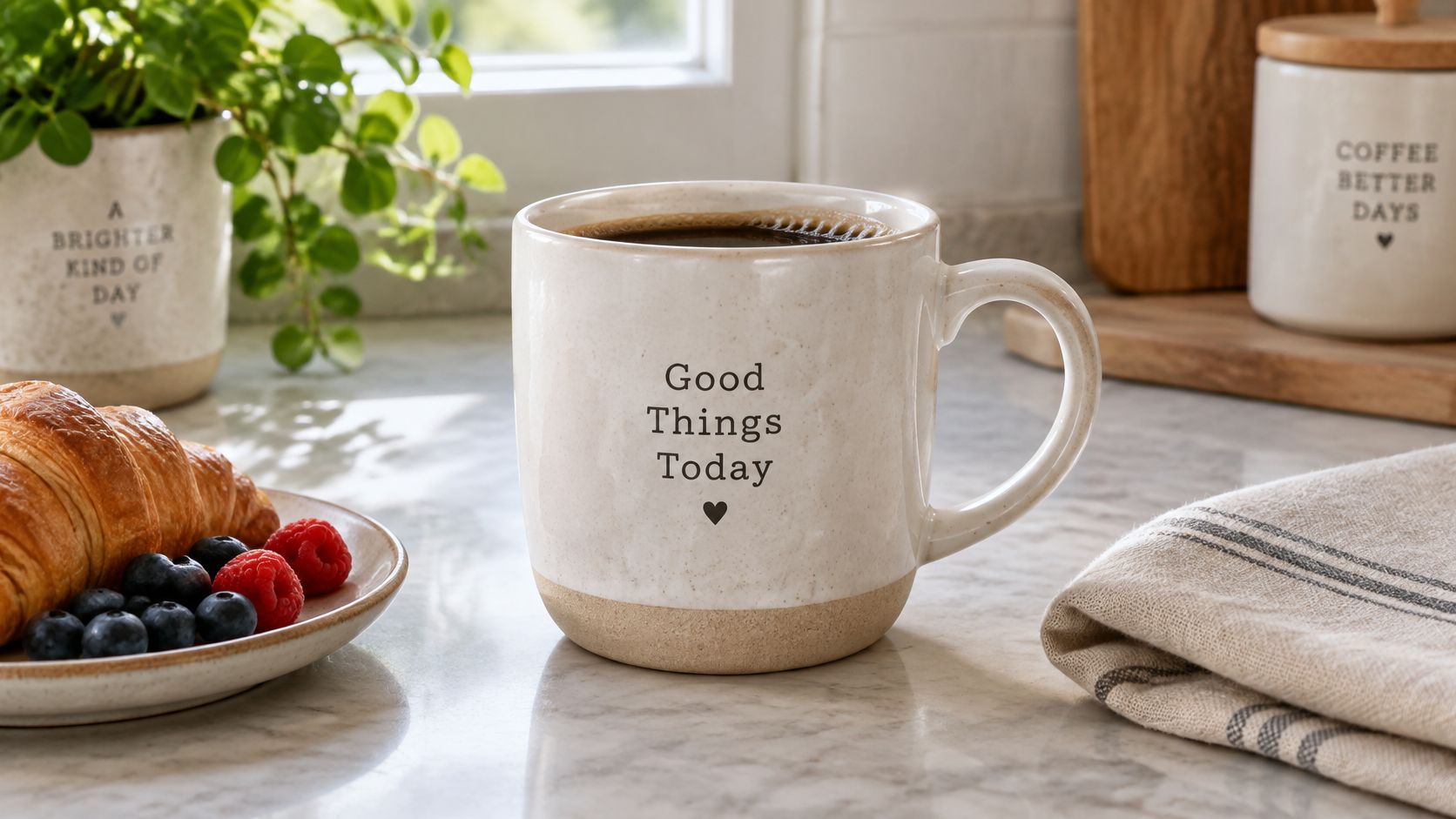 A ceramic coffee mug with the text Good Things Today sitting on a marble kitchen counter