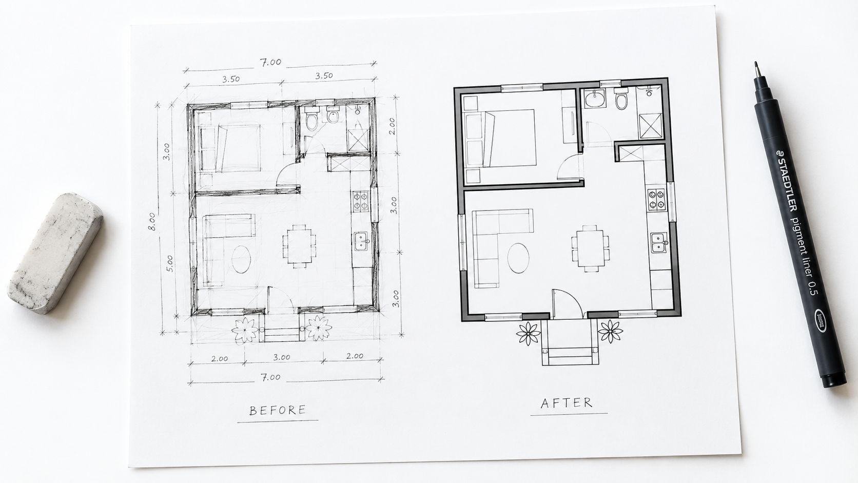 A hand-drawn architectural floor plan showing a before and after transformation on a piece of paper.