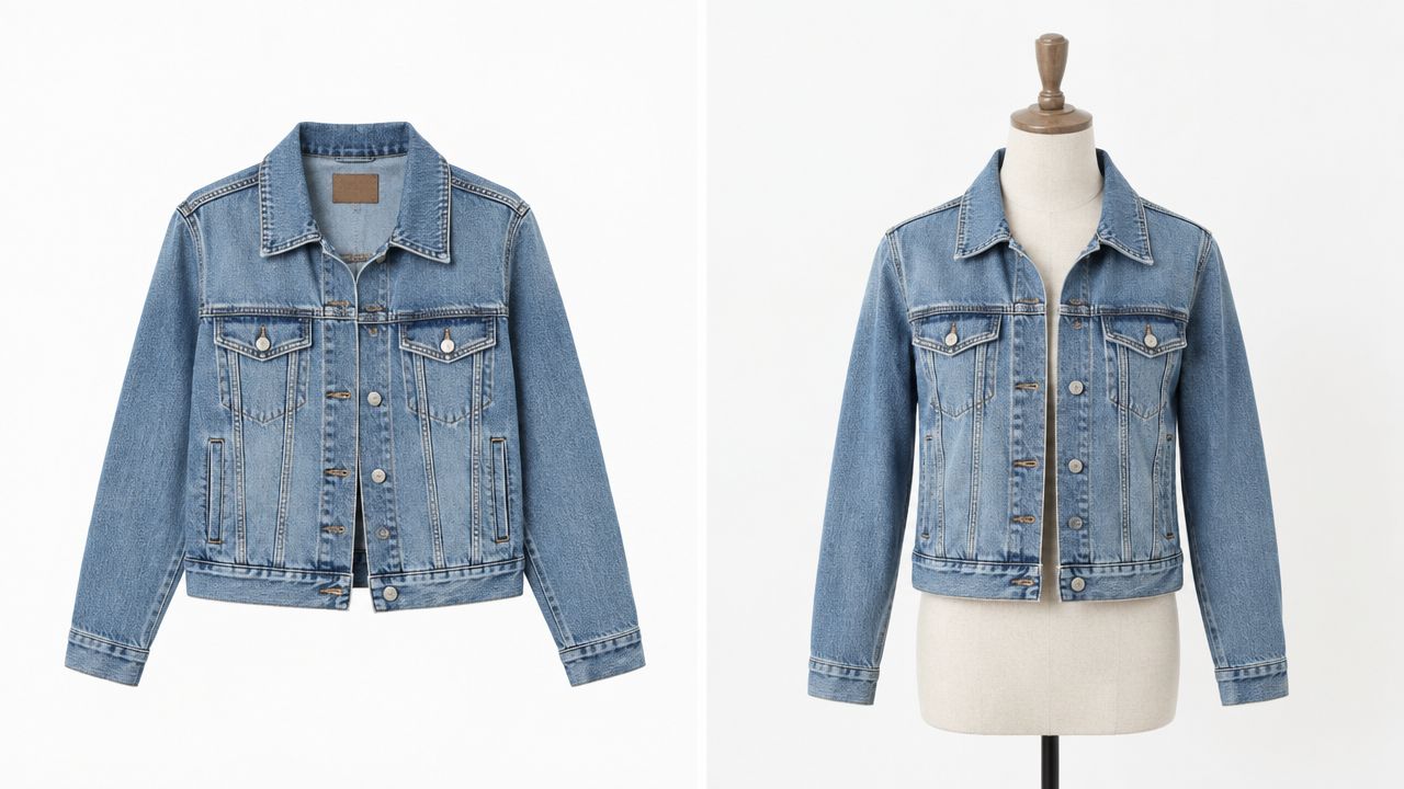 A classic blue denim jacket displayed flat and on a mannequin against a clean white background.