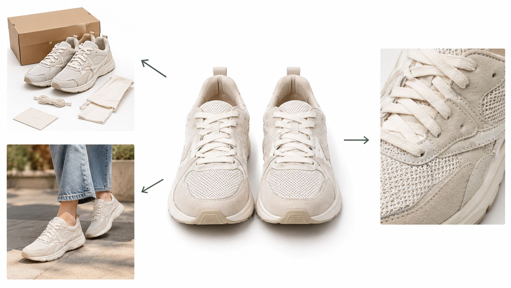 A product advertisement for light beige athletic sneakers shown in studio and lifestyle settings with packaging.