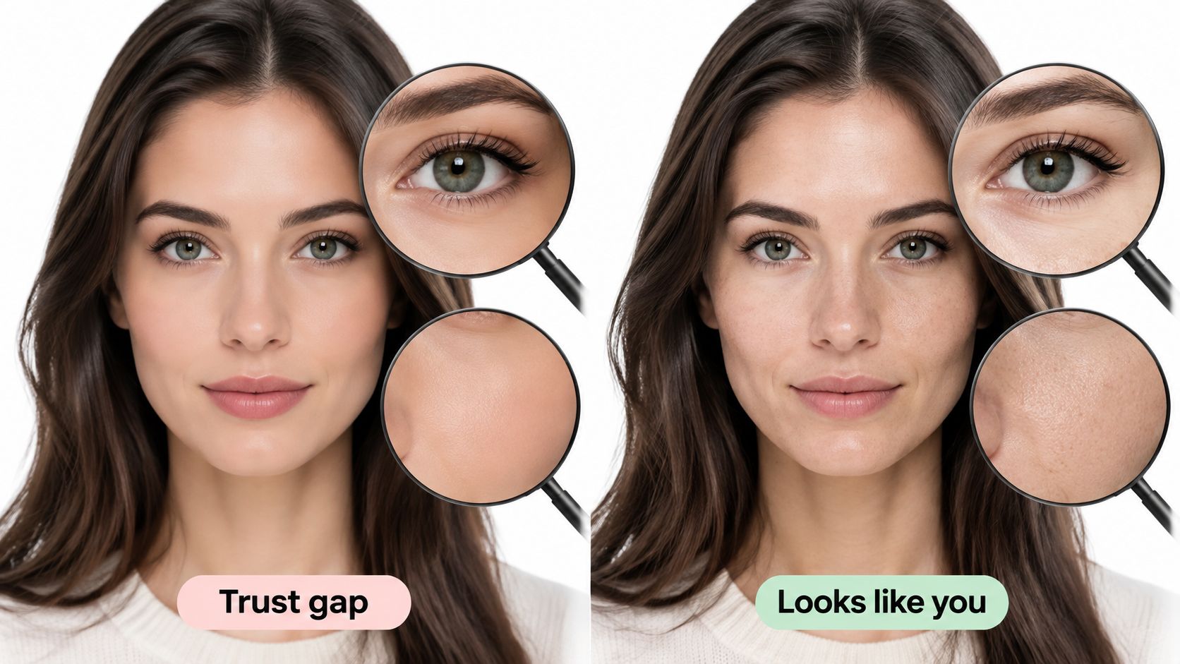 A side-by-side comparison of a digitally smoothed face versus a realistic skin texture face for AI headshots.