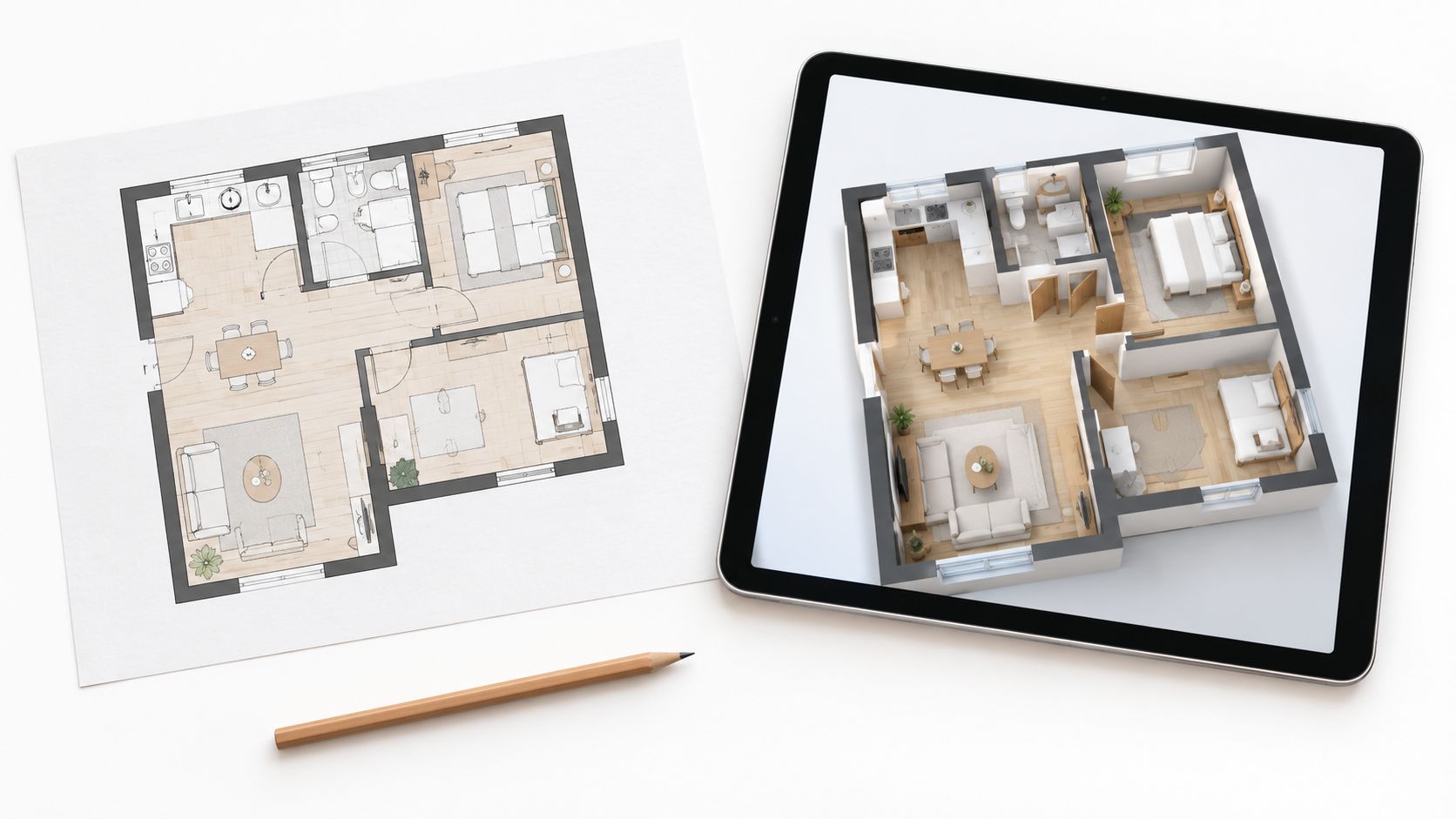 A top-down view showing a 2D architectural blueprint next to a tablet displaying a 3D floor plan.