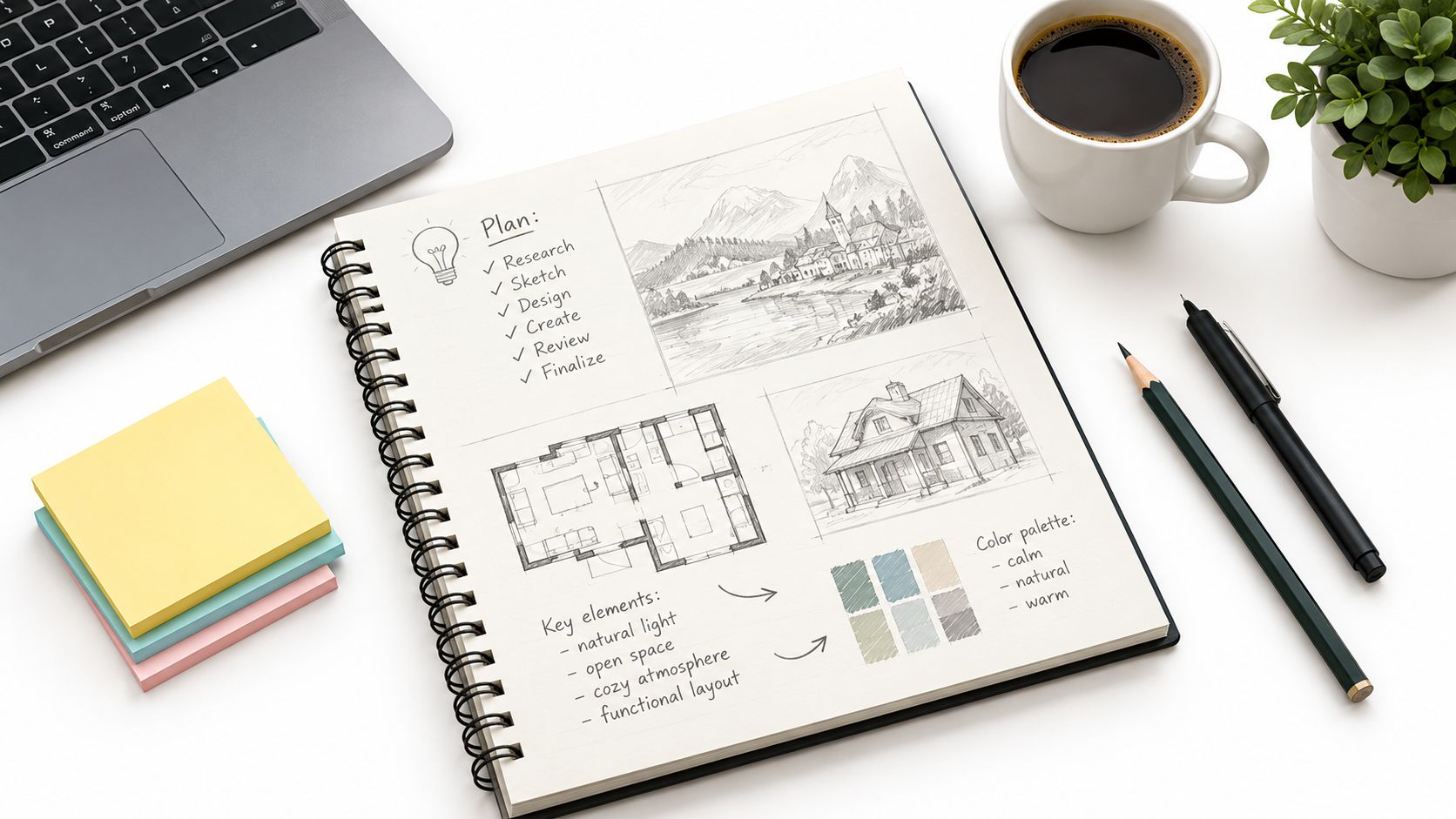 A top-down view of a designer's desk with a spiral notebook containing sketches, floor plans, and a project plan.