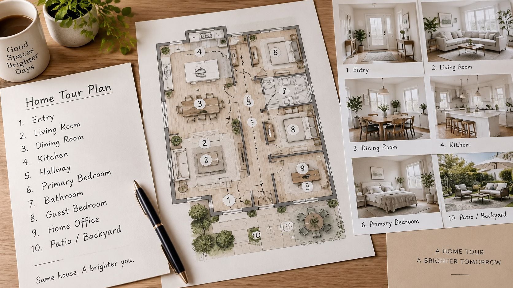 A home tour plan layout with a floor plan, photographs of rooms, and a checklist on a desk.