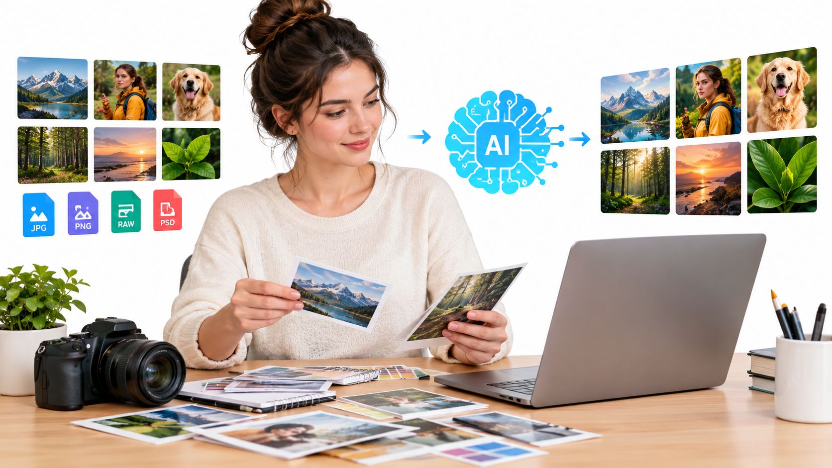 A woman working at a desk with photos and a laptop while an AI icon processes digital images.