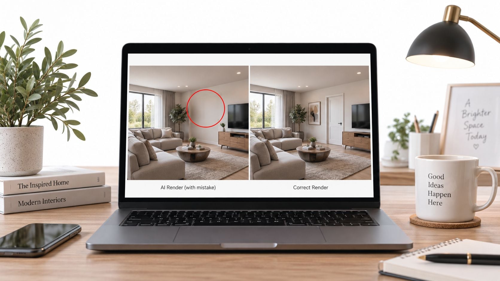 A laptop on a desk showing a comparison between an AI-generated room render and a corrected version.