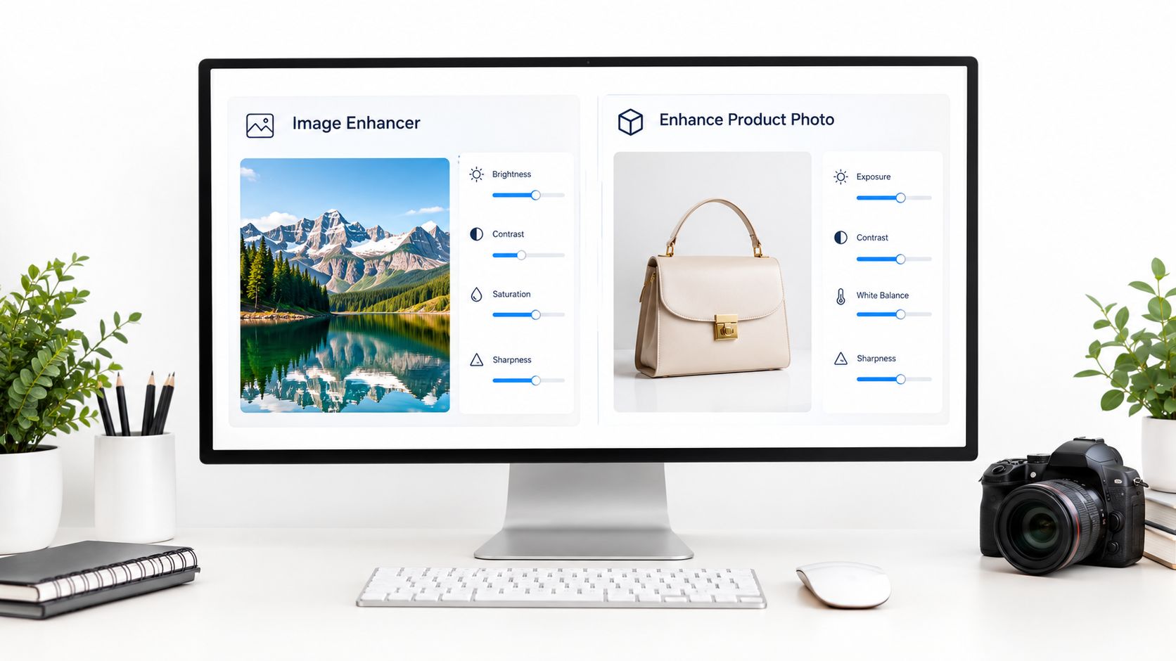 A desktop monitor displays two photo editing interfaces for adjusting image brightness, contrast, and color balance settings.