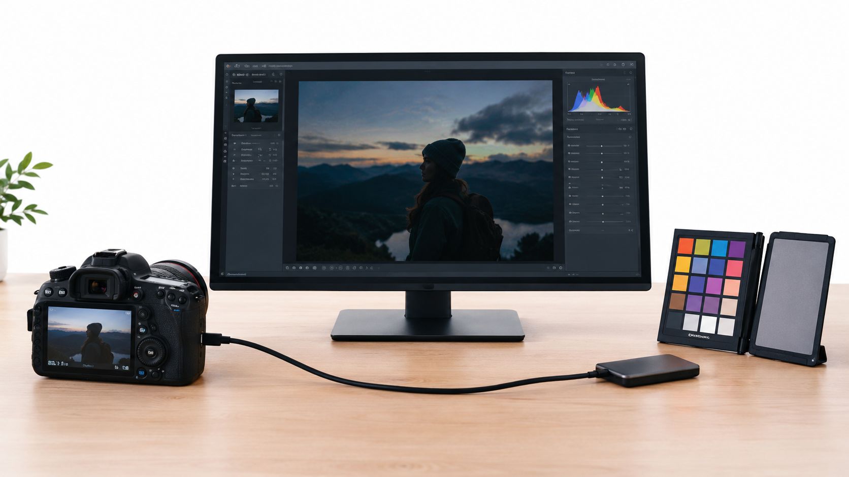 A professional digital photography editing setup on a wooden desk with a camera, monitor, and color checker.