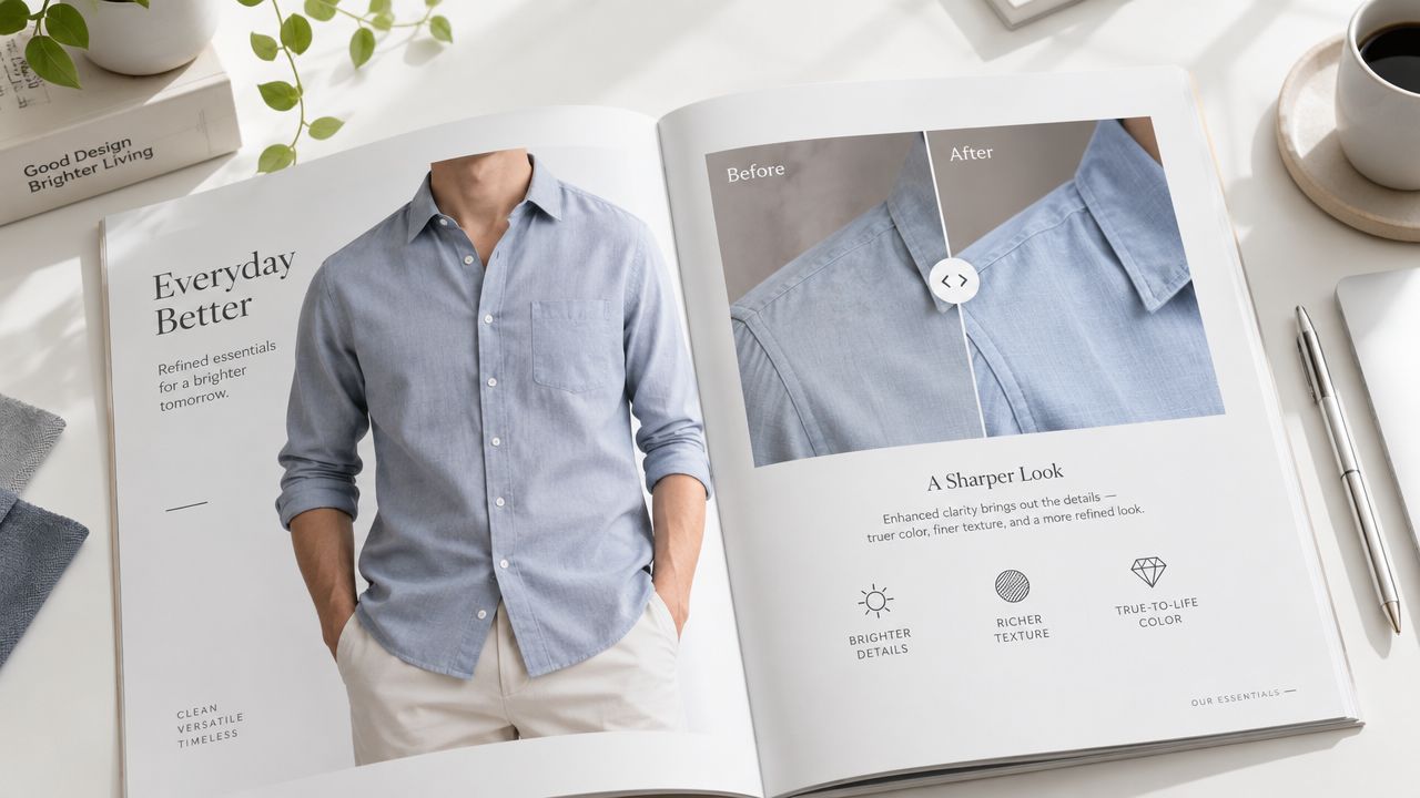 An open magazine page showcasing a man in a blue shirt with a before and after visual comparison.