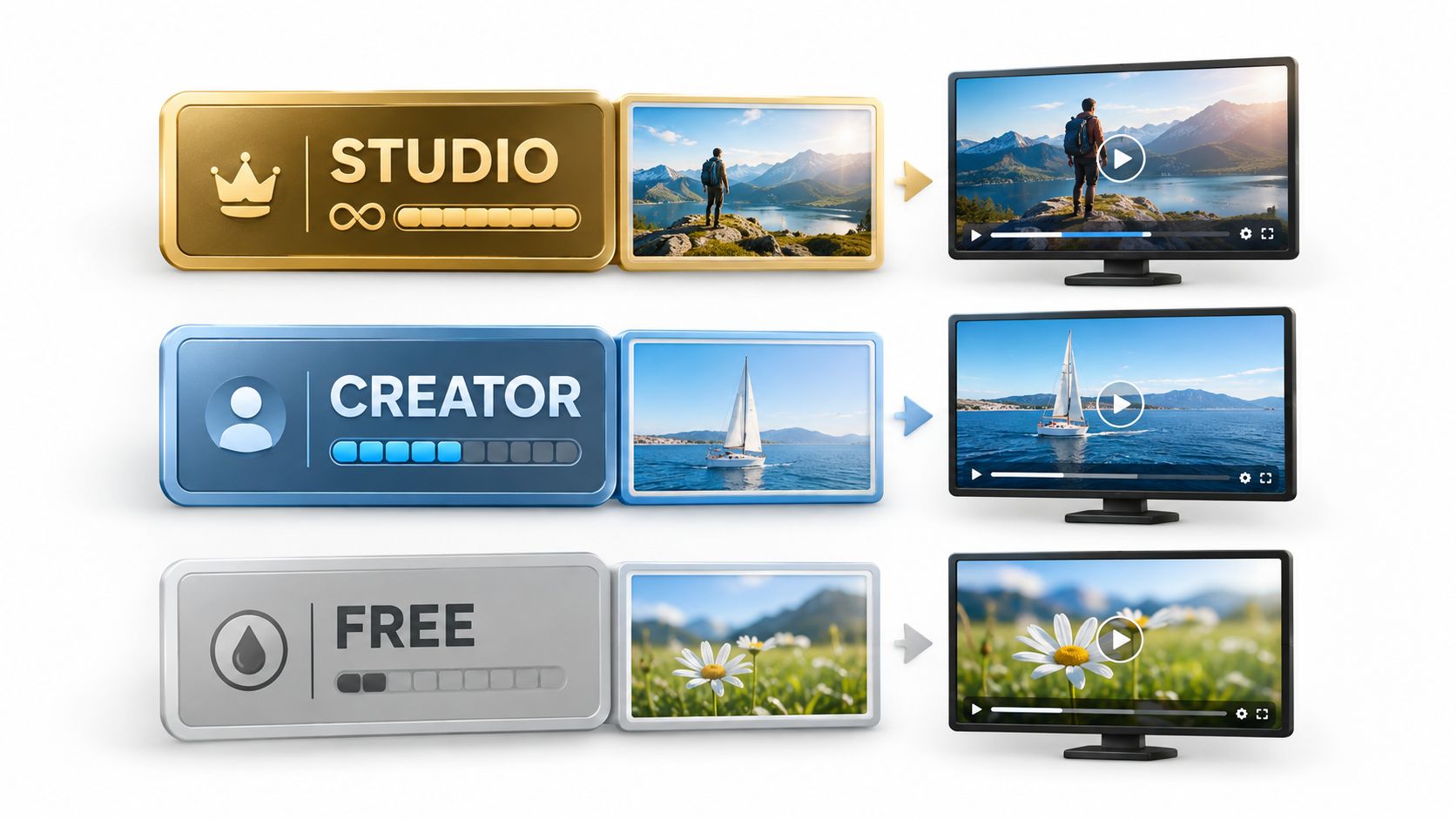 A conceptual graphic illustrating three tiers of AI video generation tools with tiered subscription plan icons.