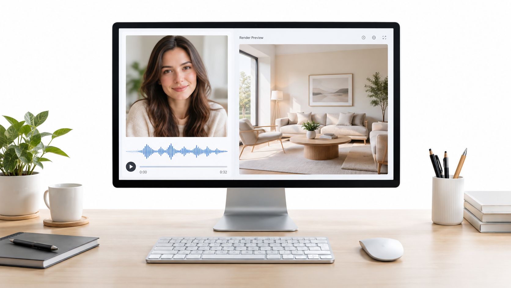 A modern computer screen displaying a digital AI-generated avatar talking next to a rendered interior design project.