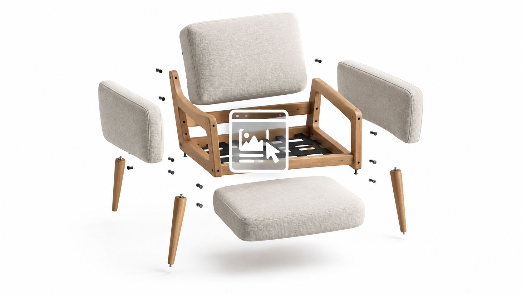 An exploded view of a mid-century modern wooden armchair being assembled with its cushions and hardware parts.