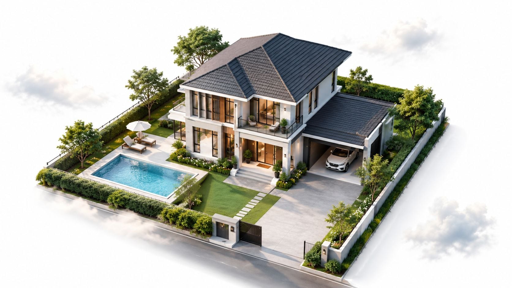 A modern luxury two-story house with a swimming pool, private garden, and car garage in a residential setting.