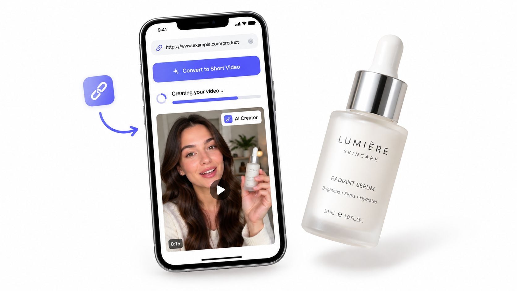 A smartphone screen displaying an AI-generated marketing video for a bottle of Lumière skincare facial serum.