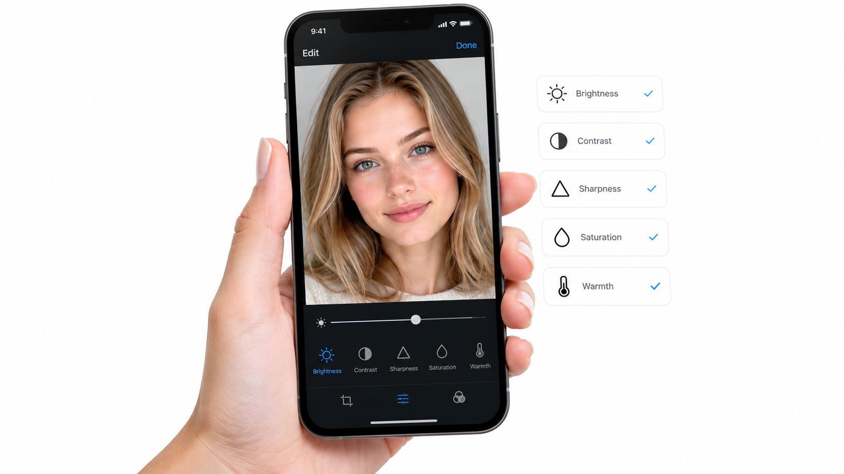 A hand holding a smartphone displaying an AI image editing interface with photo adjustment sliders and icons.